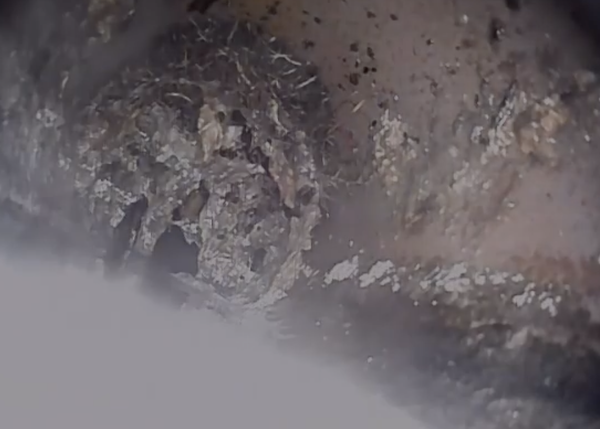 A clogged sewer line that matter cannot pass through, found during a sewer scope inspection