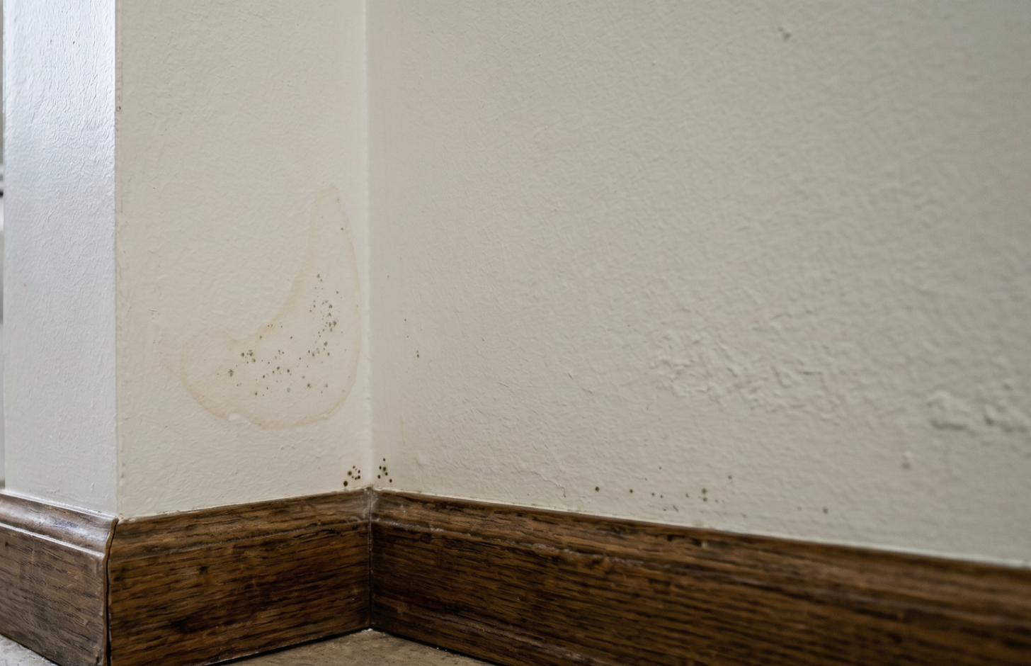 Mold growth and water stains on wall corner detected during mold testing inspection
