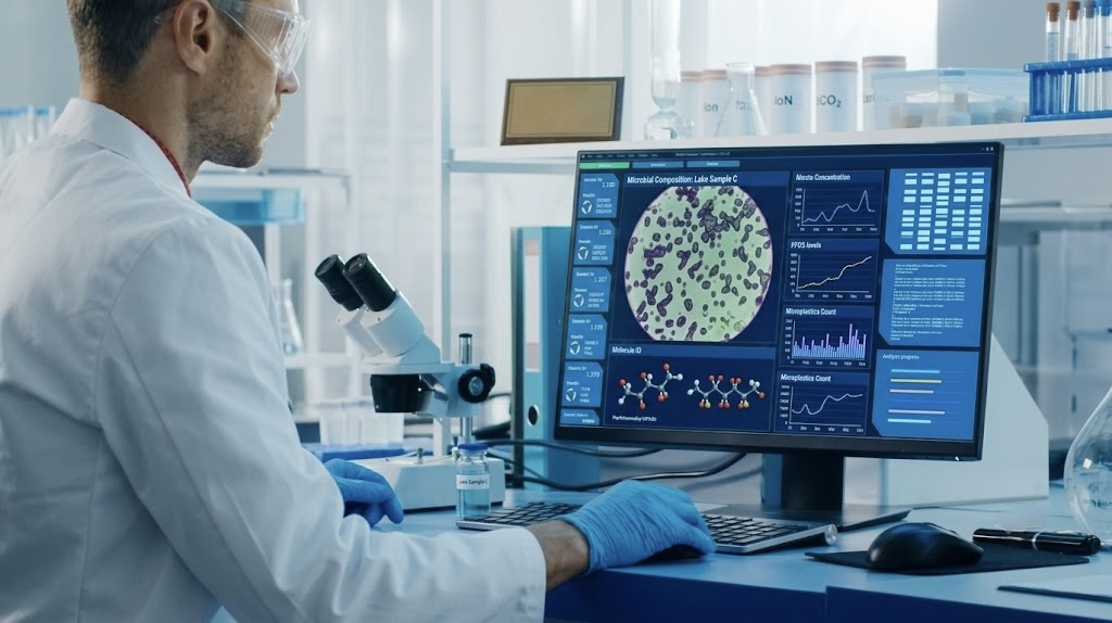 Lab technician analyzing microbial sample data during water testing